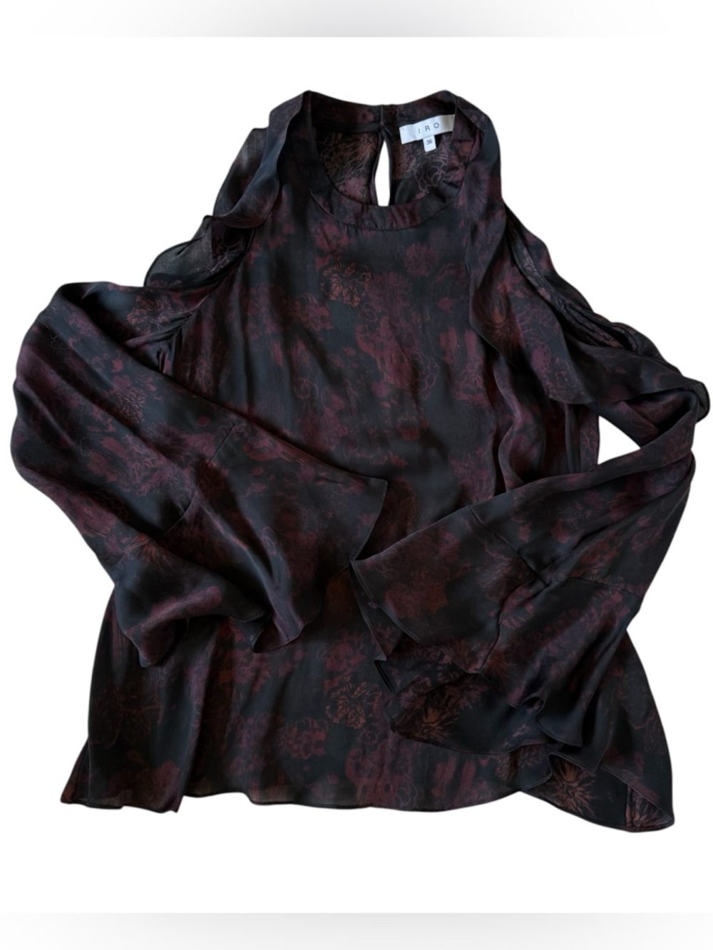 IRO 100% Silk cold shoulder long flare sleeve top blouse